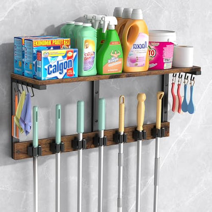 Housolution Wall Mount Broom Holder Laundry Room Storage Organizer Shelves | Thickened Metal Frame, 100 LBS High Load-Bearing, Large Capacity, Multifunctional with 7 Grippers & 8 Hooks - size: 7 Grippers with 1 Tier Shelf