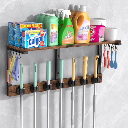 Housolution Wall Mount Broom Holder Laundry Room Storage Organizer Shelves | Thickened Metal Frame, 100 LBS High Load-Bearing, Large Capacity, Multifunctional with 7 Grippers & 8 Hooks - size: 7 Grippers with 1 Tier Shelf