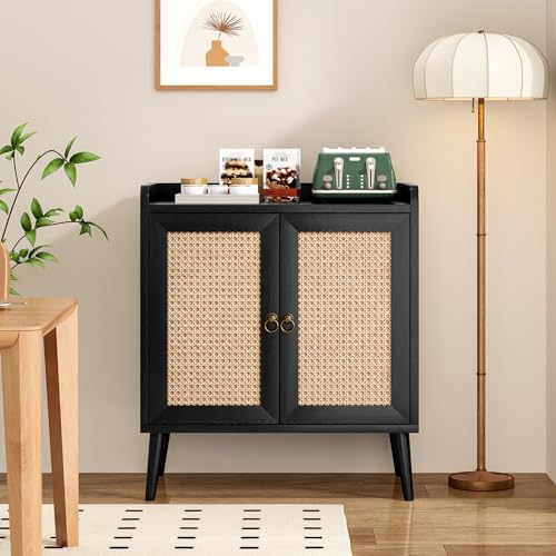 Farini Sideboard Buffet Cabinet,Bar Liquor Cabinet with Rattan Decorated Doors, Credenza Console Table for Dining Room, Living Room,Hallway，Black - color: Black, size: 26.4 inch-Doors