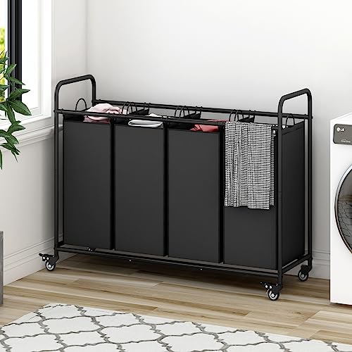 4 Section Laundry Hamper, Black Rolling Laundry Basket, 180L Laundry Sorter | Laundry Room Organization with Heavy Duty Rolling Lockable Wheels and Removable Bag, Bedroom Laundry Cart for Clothes Storage - size: 4 Bags Black