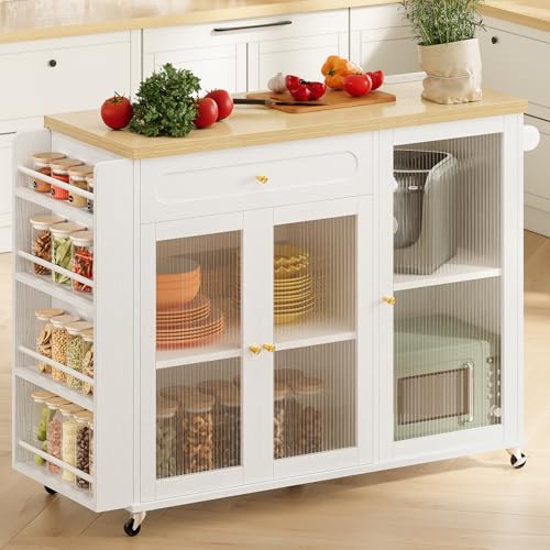 Kitchen Island with Power Outlet - Kitchen Cart on Wheels with Storage Cabinets & Drawers, Rolling Island Table with Spice & Towel Rack, Portable Islands with Large Wood Counter, Dinning Room - color: White