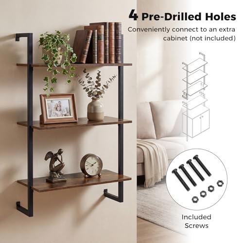 Giantex 3-Tier Wall-Mounted Bookshelf, Industrial Floating Storage Display Shelves with Metal Frame, Wood Open Ladder Bookcase for Living Room, Home Office, Kitchen, Rustic Brown + Black - color: Rustic Brown + Black