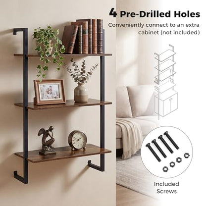 Giantex 3-Tier Wall-Mounted Bookshelf, Industrial Floating Storage Display Shelves with Metal Frame, Wood Open Ladder Bookcase for Living Room, Home Office, Kitchen, Rustic Brown + Black - color: Rustic Brown + Black