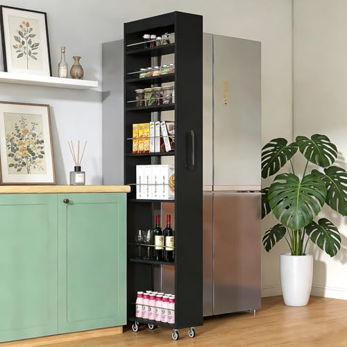 7-Shelf Tall Narrow Storage Cabinet with Wheels, 71 Inch, Black | Slim Pull-Out Organizer, 7.87 Inch Wide for Small Spaces Between Washer/Dryer, Kitchen, Bathroom and Laundry Room - color: E-black