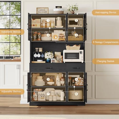 HOSTACK 71" Pantry Cabinet with Charging Station, Tall Kitchen Pantry Storage Cabinet with Microwave Stand, Farmhouse Kitchen Hutch with Storage Drawers for Living Room, Dining Room, Black Wood Grain - color: Black Wood Grain