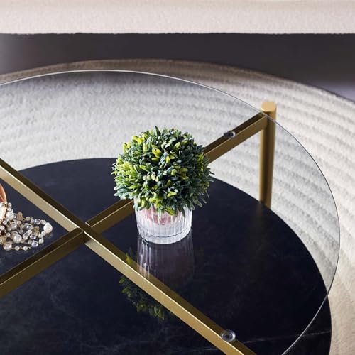 LumFurn Round Coffee Table for Living Room, Mid-Century Modern Design, D30 x H17, 2-Tier Structure, Grey Glass Top and Black Marble Finish Wood Shelf, Sleek Conical Metal Legs with Gold Finish Frame - color: Grey & Black Marble, size: D30" Round Coffee Ta