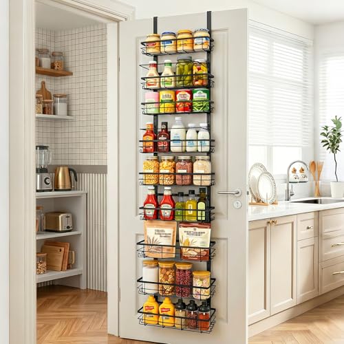 9-Tier Over The Door Pantry Organizer – Spice Rack with Side Hooks, Hanging Storage Basket for Back of Door, Home & Kitchen Essentials for Laundry Room & Bathroom Organization – Black