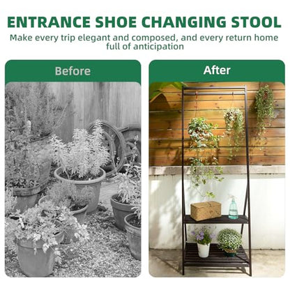 Hanging Plant Stand Folding Plant Stand 2 Tier Ladder Shelf with Hanging Rod Height Adjustable Flower Pot Display Organizer for Balcony Porch Living Room