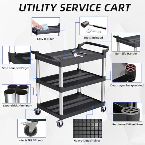 Plastic Utility Carts with Wheels, 3-Tier Rolling Cart, Restaurant Cart | 300 lbs Heavy Duty Capacity with 4 inch Silent Casters(2 Lockable), for Home, Office, Restaurant, Warehouse.31.5"× 16" × 38" - size: 31.5"×16"×38" S