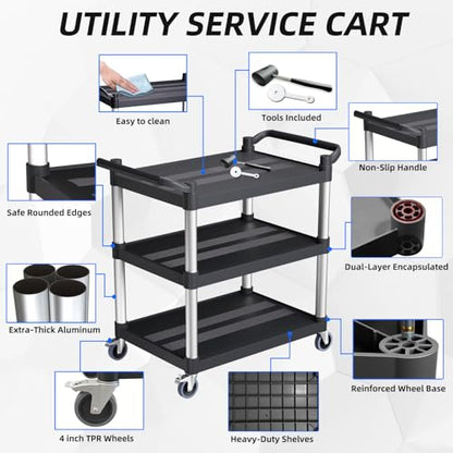 Plastic Utility Carts with Wheels, 3-Tier Rolling Cart, Restaurant Cart | 300 lbs Heavy Duty Capacity with 4 inch Silent Casters(2 Lockable), for Home, Office, Restaurant, Warehouse.31.5"× 16" × 38" - size: 31.5"×16"×38" S