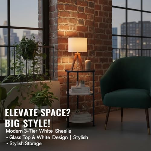 Modern 3-Tier Round Side Table with Glass Top, Small End Table for Small Spaces, 22" High Bedside Table with White Shelves and Navy Blue Frame, Stylish Metal Nightstand for Living Room Bedroom - color: White + Navy Blue
