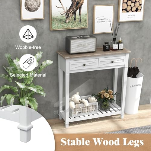 Kinpaw Narrow Console Table with Storage- White Entryway Table, Small Sofa Table with Drawer & Storage Shelf for Entryway, Hallway, Foyer, Behind Couch, Living Room Furniture, Wood - color: White-2 Drawers