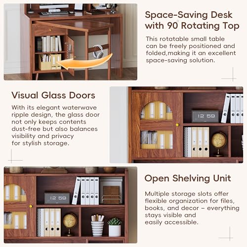 Wooden Computer Gaming Desk with 90 Degree Rotating Desktop, Study Writing Desk with Open Shelves, Storage Drawer and Cabinets, Work Desk for Home Office Bedroom Living Room (Walnut-03) - color: Walnut-03