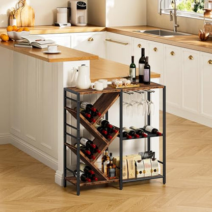 HOOBRO Liquor Cabinet Bar, Wine Rack Freestanding Floor, 3-Tier Wine Rack with Glass Holder, Liquor Bar Cabinet, Mini Bar Table with Bottle Display Rack for Home Bar, Rustic Brown and Black BF36JJ01