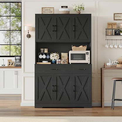 HOSTACK 71" Pantry Cabinet with Charging Station, Tall Kitchen Pantry Storage Cabinet with Microwave Stand, Farmhouse Kitchen Hutch with Storage Drawers for Living Room, Dining Room, Black Wood Grain - color: Black Wood Grain