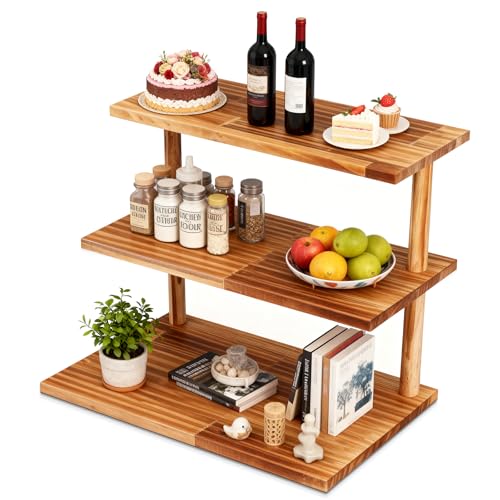 Countertop Coffee Station Organizer, 3 Tier Wooden Shelf for Coffee Bar Accessories, Condiment Storage Caddy for Kitchen, Display Rack for Cupcake Tea Cups Kitchen Office.