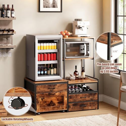 Herture Mini Fridge Stand with Wine Rack, Kitchen Bakers Rack with Power Outlet, Microwave Oven Stand, Coffee Bar, Movable Drawers, for Dorm,Office, Brown HB04BXN - color: Rustic Brown