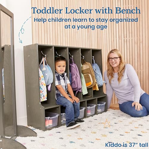 ECR4Kids Streamline 5-Section Coat Locker with Bench and Scoop Front Storage Bins, Toddler Size, Grey Wash, Kids Furniture, Clear