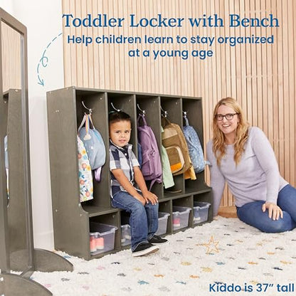 ECR4Kids Streamline 5-Section Coat Locker with Bench and Scoop Front Storage Bins, Toddler Size, Grey Wash, Kids Furniture, Clear