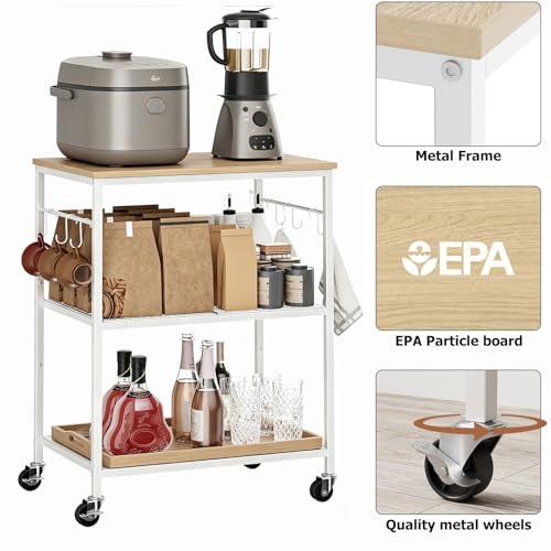 Homleke 3-Tier Rolling Kitchen Microwave Cart, Kitchen Utility Cart on Lockable Wheels, Coffee Bar Table Station with 6 S-Shaped Hooks, Small Appliance Storage Shelf, White and Natural KC40D - color: White and Natural, size: 3-Tier