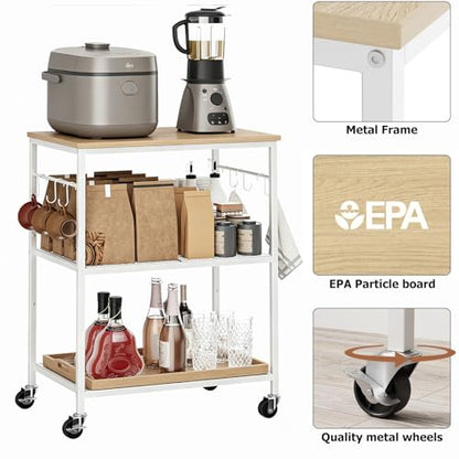 Homleke 3-Tier Rolling Kitchen Microwave Cart, Kitchen Utility Cart on Lockable Wheels, Coffee Bar Table Station with 6 S-Shaped Hooks, Small Appliance Storage Shelf, White and Natural KC40D - color: White and Natural, size: 3-Tier