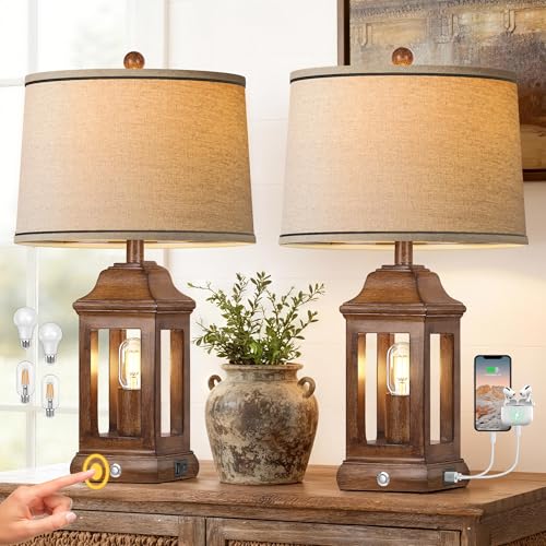 24" Rustic Farmhouse Table Lamps for Living Room Set of 2, Touch Dimmable Nightlight Vintage Bedside Lamps with USB A+C Ports & Dual Light Sources for Bedroom Nightstand End Table, Wood Grain - color: Wood Grain-Set of 2