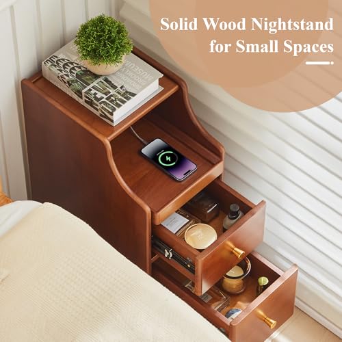 Solid Wood Narrow Nightstand, Slim Bedside Table with 2 Drawers & Slide-Out Tray, Mid-Century Modern End Table Side Table for Bedroom, Living Room, Small Spaces (Walnut) - color: Walnut