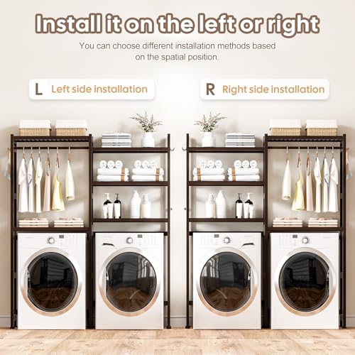 Cozivolife Over The Washer and Dryer Storage Shelf Bamboo,5 Tiers Laundry Room Drying Rack with Adjustable Shelves and 4 Hooks,Space Saver Organizer for Hanging Clothes and Towels (Brown) - color: Brown