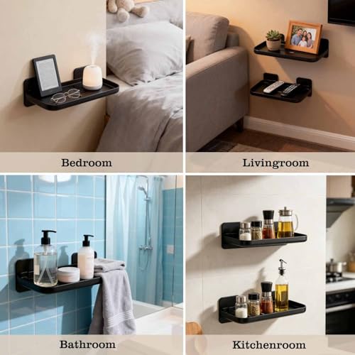 4 Pack Floating Shelves for Wall, Self Adhesive Small Shelf, No Drill Adhesive Wall Shelf, Floating Shelves Damage-Free Expand Walls Space for Living Room Kitchen Bathroom (Black) - color: Black