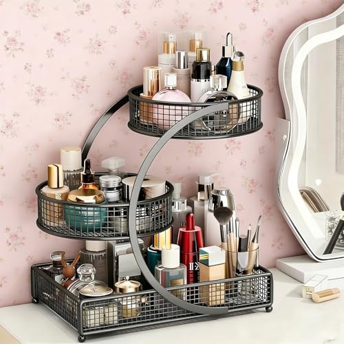 Makeup Organizer Countertop for Vanity, 3 Tier Metal Bathroom Countertop Organizers Skincare Storage Holder Perfume Cosmetic Display, Multi-Use Storage Rack for Bedroom & Kitchen (Black(Round)) - color: Black(Round)