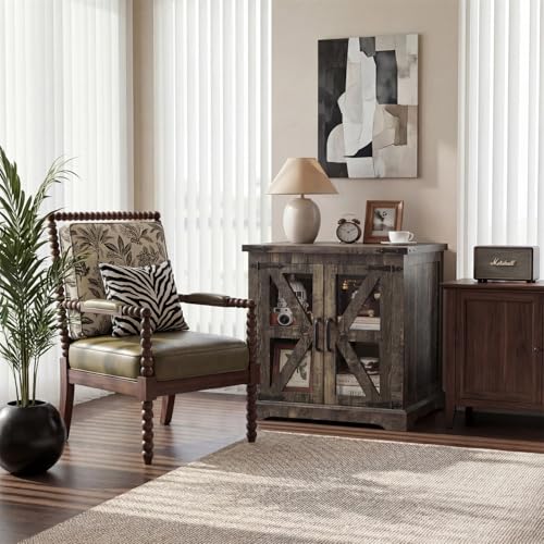 Farmhouse End Table, 24" Large End Tables with Storage, Rustic Square Sofa Beside Table with Glass Barn Door, Wood Side Table Square Nightstand for Living Room, Bedroom, Office (Antique Finish) - color: Antique Finish