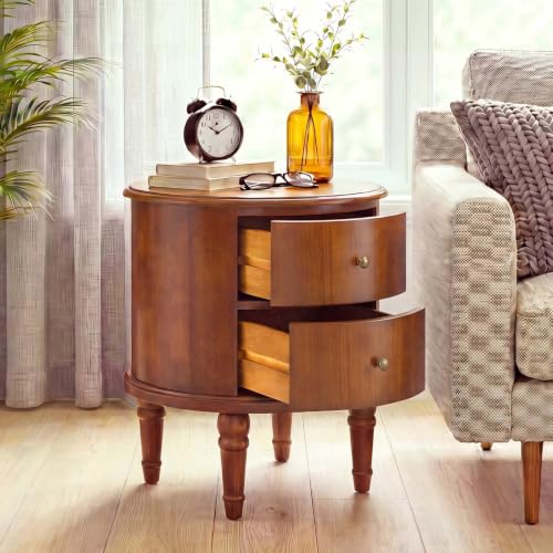 Round End Side Table with 2 Storage Drawers, Sofa Beside Tables for Living Room, No-Tools Assembly, Nightstand with Carved Wood Legs for Bedroom, 17.7" Dia x 20.1" H Honey Amber YBG-B5598-MG - style: Round End Table
