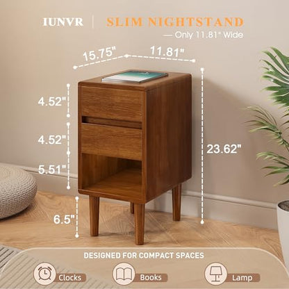 Narrow Nightstand 2 Drawers with Open Shelf Narrow Night Stand Solid Wood Bedside Table Mid Century Modern Nightstand Wooden End Table for Bedroom, Study, Office - color: Walnut-2d, size: 15.75''×11.8''×23.62''