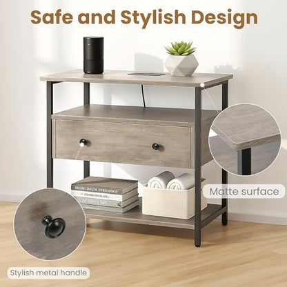 Edbuosy 27 Inch Wide Night Stand with Charging Station, Wood Nightstand with Open Shelf, Large Drawer Bedside Table for Living Room/Bedroom/Office, Rustic Gray - color: Rustic Gray, size: 27"W-1 Drawer
