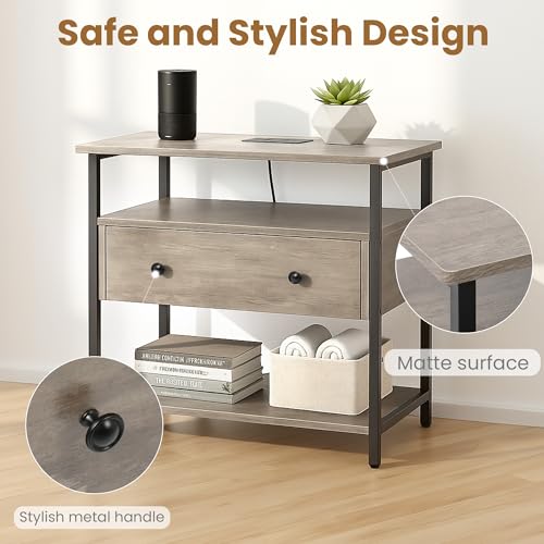 Edbuosy 27 Inch Wide Night Stand with Charging Station, Wood Nightstand with Open Shelf, Large Drawer Bedside Table for Living Room/Bedroom/Office, Rustic Gray - color: Rustic Gray, size: 27"W-1 Drawer