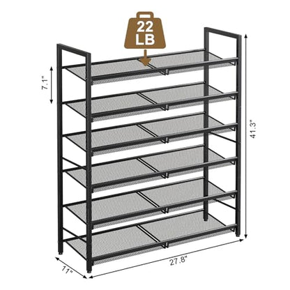 6 Tier Metal Shoe Rack, Tall Shoe Organizer Holds 24-30 Pairs, with Adjustable Flat or Angled Shelves, Shoe Storage Shelf for Closet, Entryway, Garage, Black - size: 6-Tier