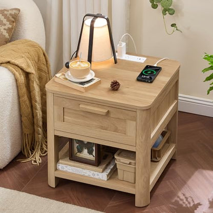 Joaxswe Farmhouse Side Tables Living Room, Small Nightstand with 1 Drawers & Open Shelving & 4 Thickened Table Legs, Natural Wood - color: Natural, size: Single