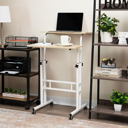 Mind Reader Standing Desk, Adjustable Height Laptop Workstation, Portable Rolling Desk on Wheels, Two-Tier Metal Frame, White - color: White