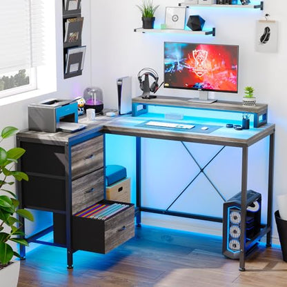 Patikuin L Shaped Desk with Power Outlets & LED Lights, Computer Desk with Drawers & Shelves, Corner Desk Gaming Desk Home Office Desk, Oak - color: Oak