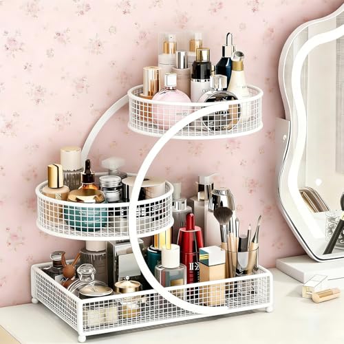 Makeup Organizer Countertop for Vanity, 3 Tier Metal Bathroom Countertop Organizers Skincare Storage Holder Perfume Cosmetic Display, Multi-Use Storage Rack for Bedroom & Kitchen (White(Round)) - color: White(Round)