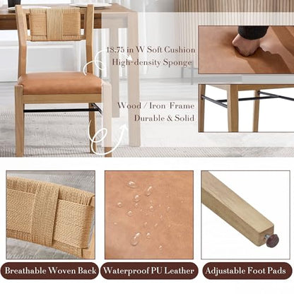 BESTANO Modern Armless Dining Chairs with Rope Woven Back Set of 6, Brown PU Leather Upholstered Kitchen & Dining Room Chairs, Mid-Century Classic Farmhouse Wooden Side Chair - color: Brown, size: 6 Chairs