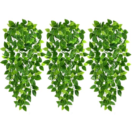 CEWOR 3pcs Fake Hanging Plants for Room Decor, 3.6ft Artificial Ivy Pothos Vine for Indoor Outdoor Home Shelf Office Living Room Wall Decor (No Baskets)