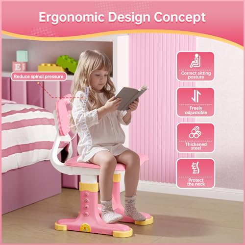 Kids Desk and Chair Set, Height Adjustable Child's School Study Writing Tables, Kids Desk with Bookstand and Storage Drawer, Widened Desktop with Desktop for Boys and Girls (Pink-F) - color: Pink-f