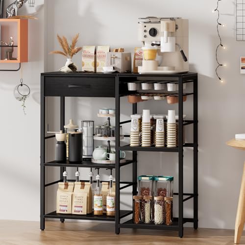 Coffee Bar with Integrated Storage,5-Tier Coffee Bar Cabinet with Drawers,Kitchen Coffee Bar Table with 2-Layer Capsule Drawer,for Living Room and Corner Kitchen Bar Table,Black