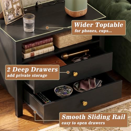 Aheaplus Nightstand with Charging Station, 23.6'' Large Bed Side Table with Wooden 2 Drawers, Night Stand for Bedroom, End Table with Open Storage Shelf for Living Room, Set of 2, Black - color: Black