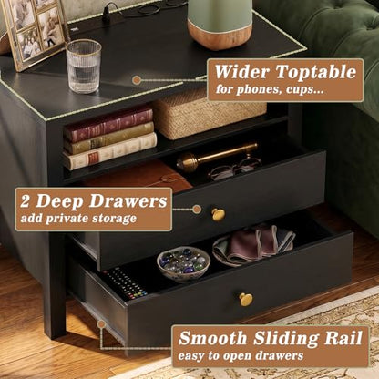Aheaplus Nightstand with Charging Station, 23.6'' Large Bed Side Table with Wooden 2 Drawers, Night Stand for Bedroom, End Table with Open Storage Shelf for Living Room, Set of 2, Black - color: Black