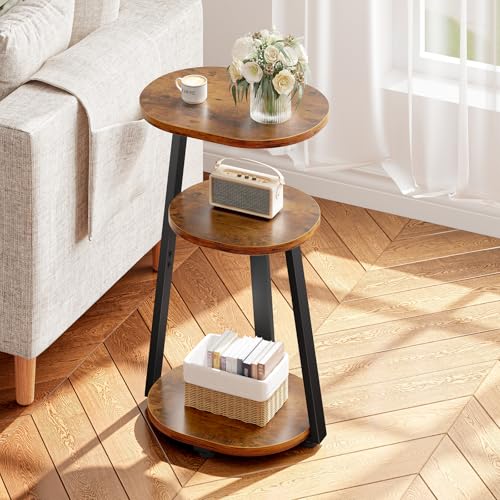 Kalrin Side Table, Small End Table with Metal Frame, 3-Tier Bedside Tables, Round Side Tables for Living Room Bedroom Couch Bathroom, Oval, Vintage Brown - color: Brown