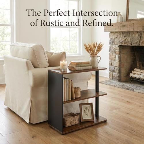 3-Tier Narrow End Table, Industrial Slim Side Table for Small Spaces, Sofa Couch Table Accent Nightstand with Storage Shelves for Living Room, Bedroom, Rustic Brown - color: Rustic Brown