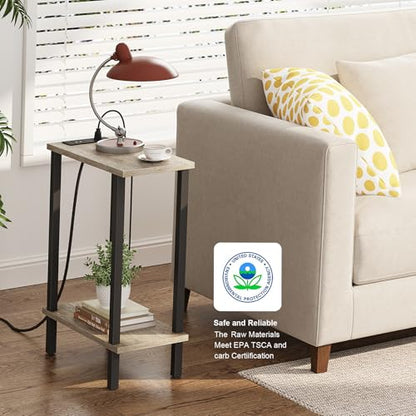 TUTOTAK Small End Table with Charging Station, Narrow Side Table with USB Ports and Outlets, Skinny Sofa Table, Slim Nightstand, Living Room, Bed Room, Greige TB01BG060 - color: Greige, size: 2-tier