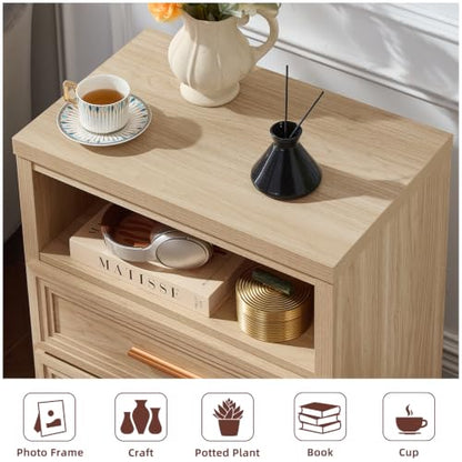 RWYHG 24'' Wide Farmhouse Night Stand with 2 Drawers,Wood Nightstand | Modern End Table Open Storage Shelf, Metal Handle, Mid-Century Bed Side Table for Bedroom, Living Room,Natural - color: Natural